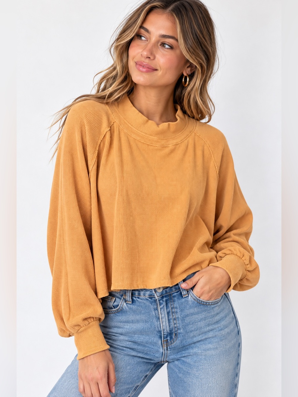 We the Free Mustard Waffle-Knit Long-Sleeve Crop Top